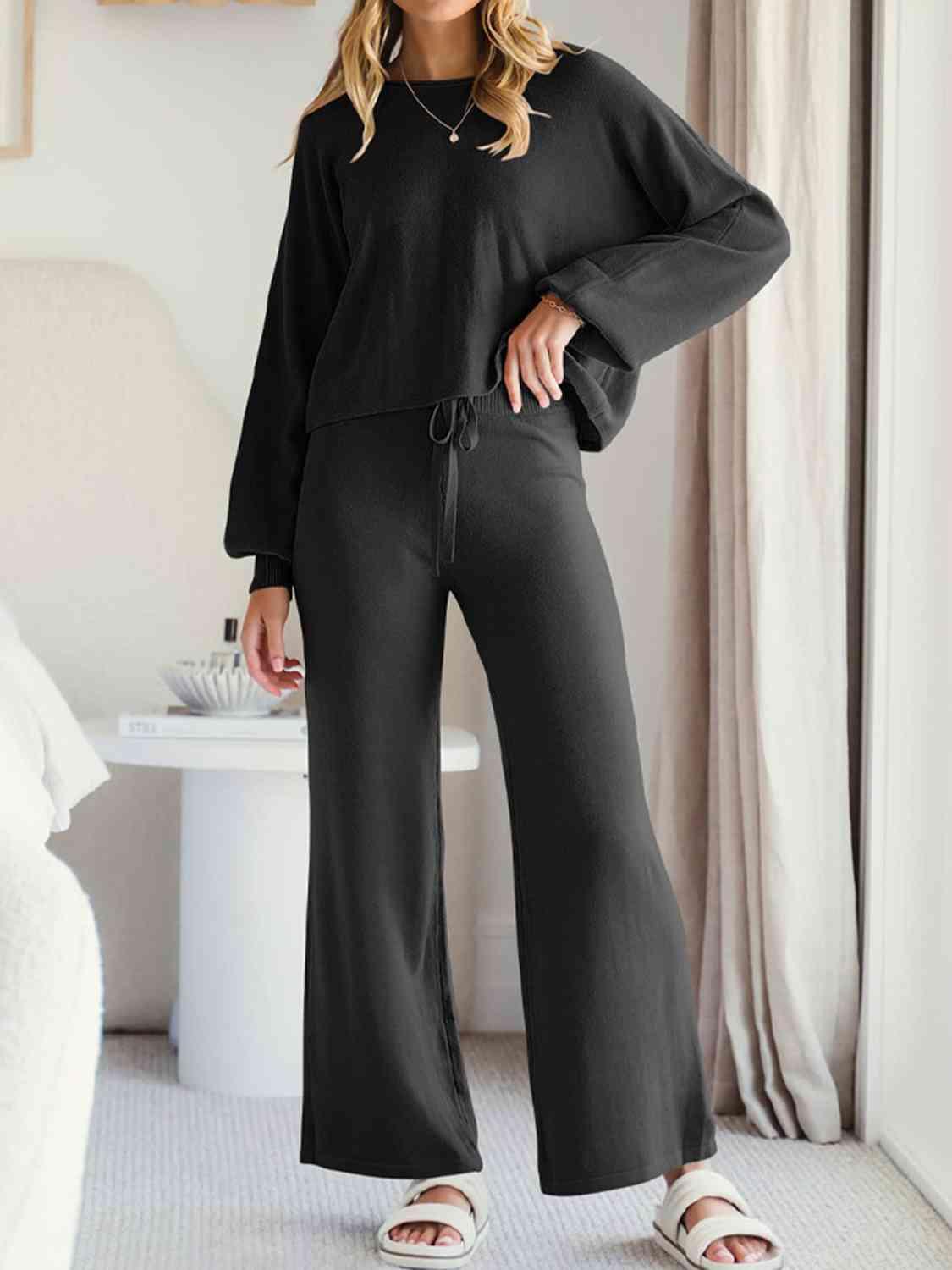 Long Sleeve Lounge Top and Drawstring Pants Set Carauana Store