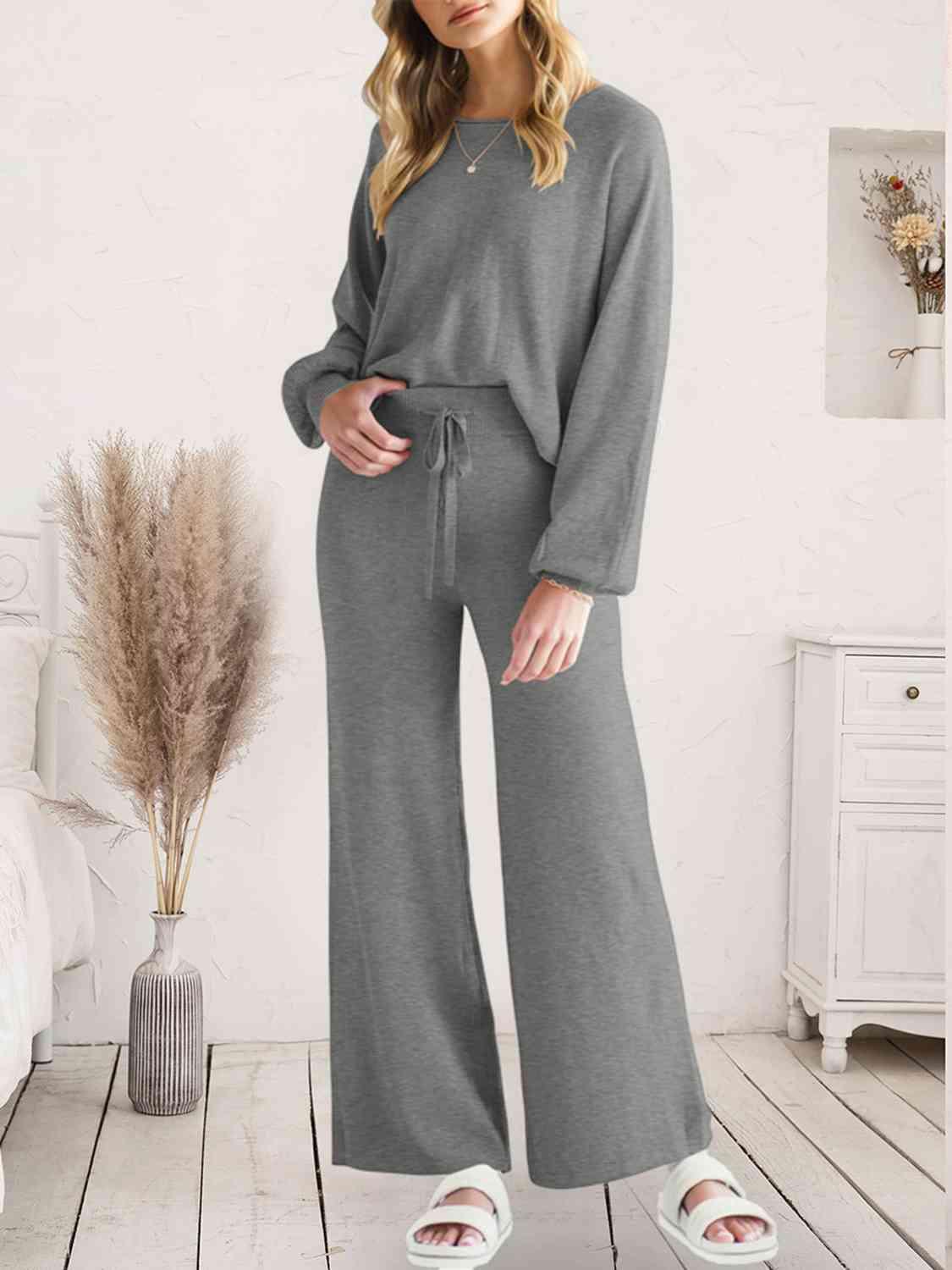 Long Sleeve Lounge Top and Drawstring Pants Set Carauana Store