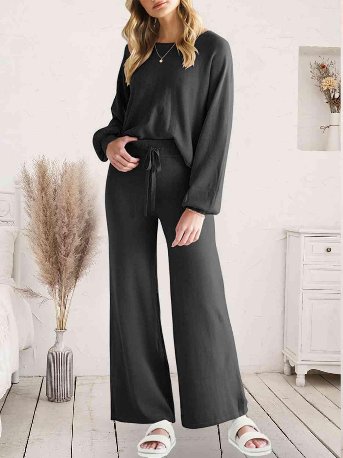Long Sleeve Lounge Top and Drawstring Pants Set Carauana Store