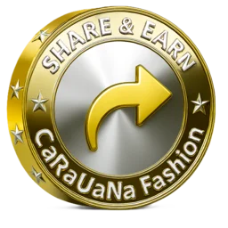 Gold and silver coin with 'Share & Earn' and 'CaRaVaNa Fashion' text on a white background