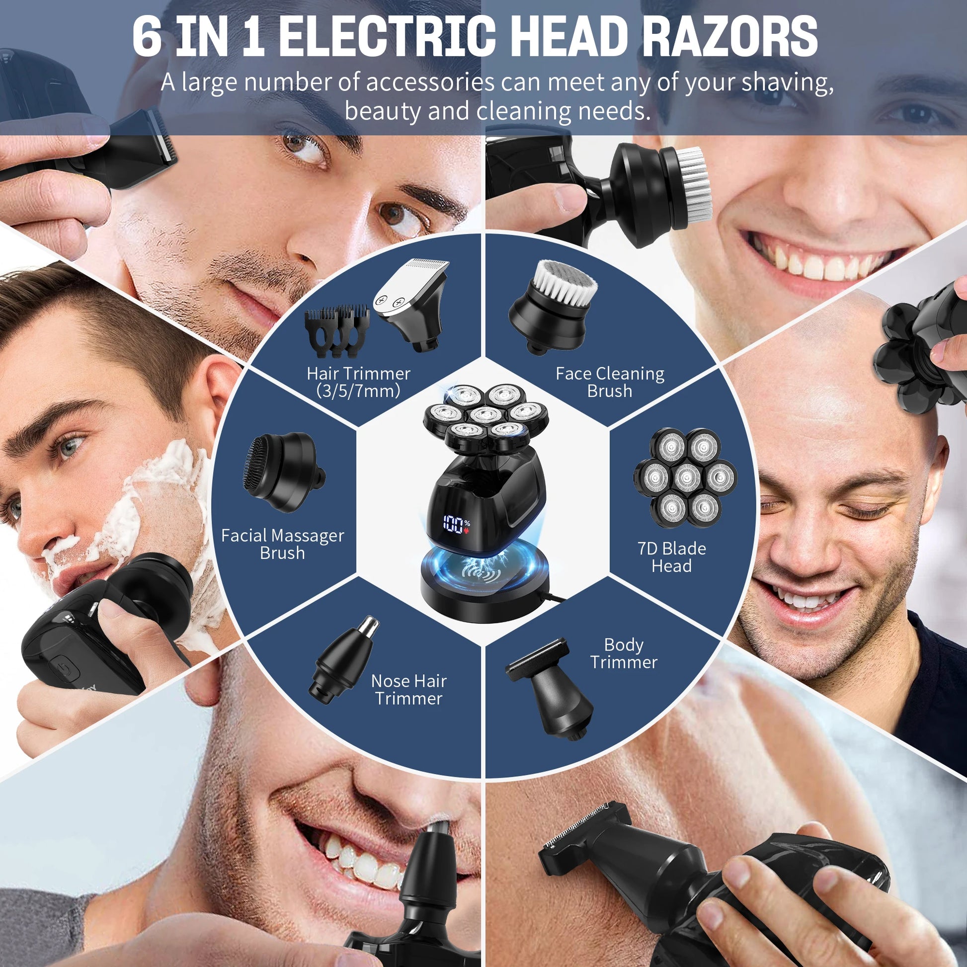 Multifunctional electric head razor with various attachments and users shaving.