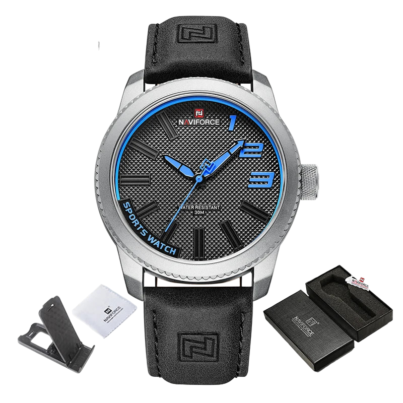 Naviforce watch with black leather strap and blue dial, including packaging and card