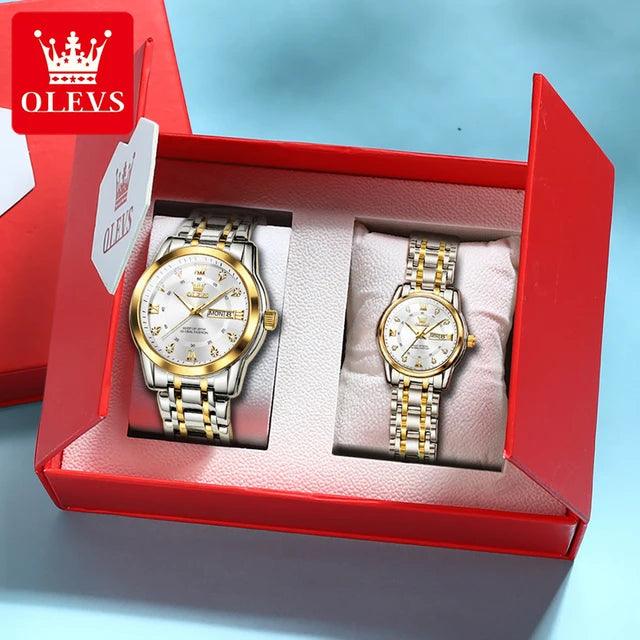 OLEVS Couple Watch Pair for Men and Women Stainless Steel Waterproof Men's Watches Luxury Gold Diamond Lover's Wristwatches 2023 Carauana Store