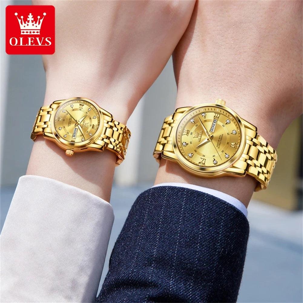 OLEVS Couple Watch Pair for Men and Women Stainless Steel Waterproof Men's Watches Luxury Gold Diamond Lover's Wristwatches 2023 Carauana Store
