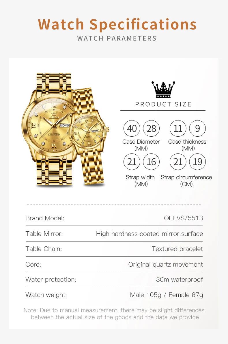 OLEVS Couple Watch Pair for Men and Women Stainless Steel Waterproof Men's Watches Luxury Gold Diamond Lover's Wristwatches 2023 Carauana Store