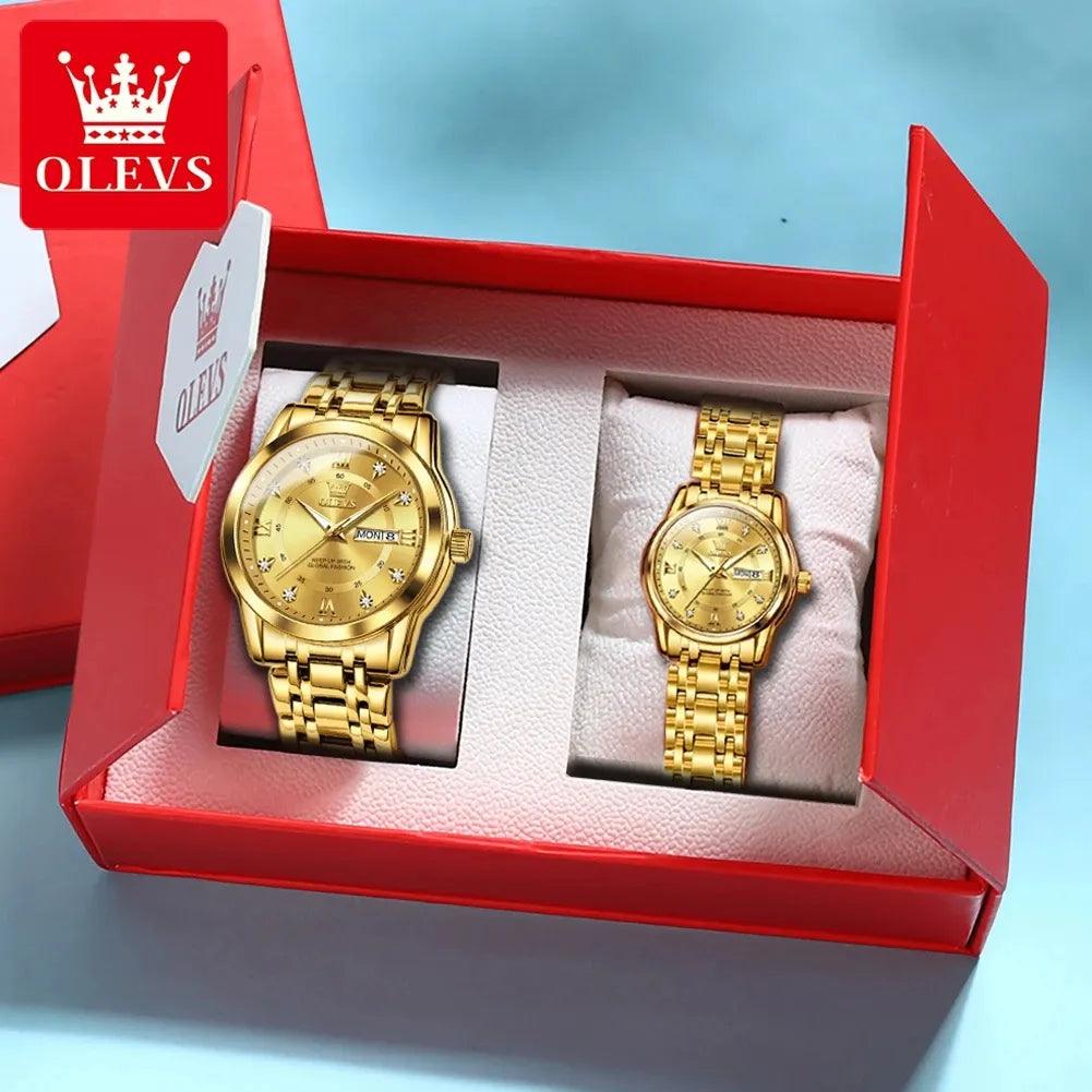 OLEVS Couple Watch Pair for Men and Women Stainless Steel Waterproof Men's Watches Luxury Gold Diamond Lover's Wristwatches 2023 Carauana Store