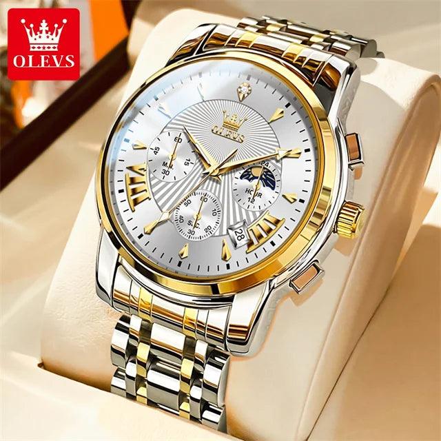 OLEVS Luxury Brand Quartz Watch for Men Waterpoof Chronograph Men's Wristwatch Auto Date Dual Calendar Moon Phase Man Watch New Carauana Store