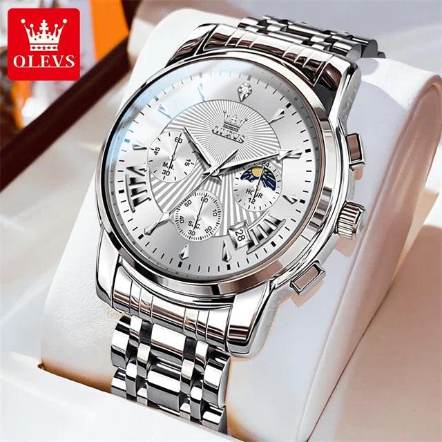 OLEVS Luxury Brand Quartz Watch for Men Waterpoof Chronograph Men's Wristwatch Auto Date Dual Calendar Moon Phase Man Watch New Carauana Store