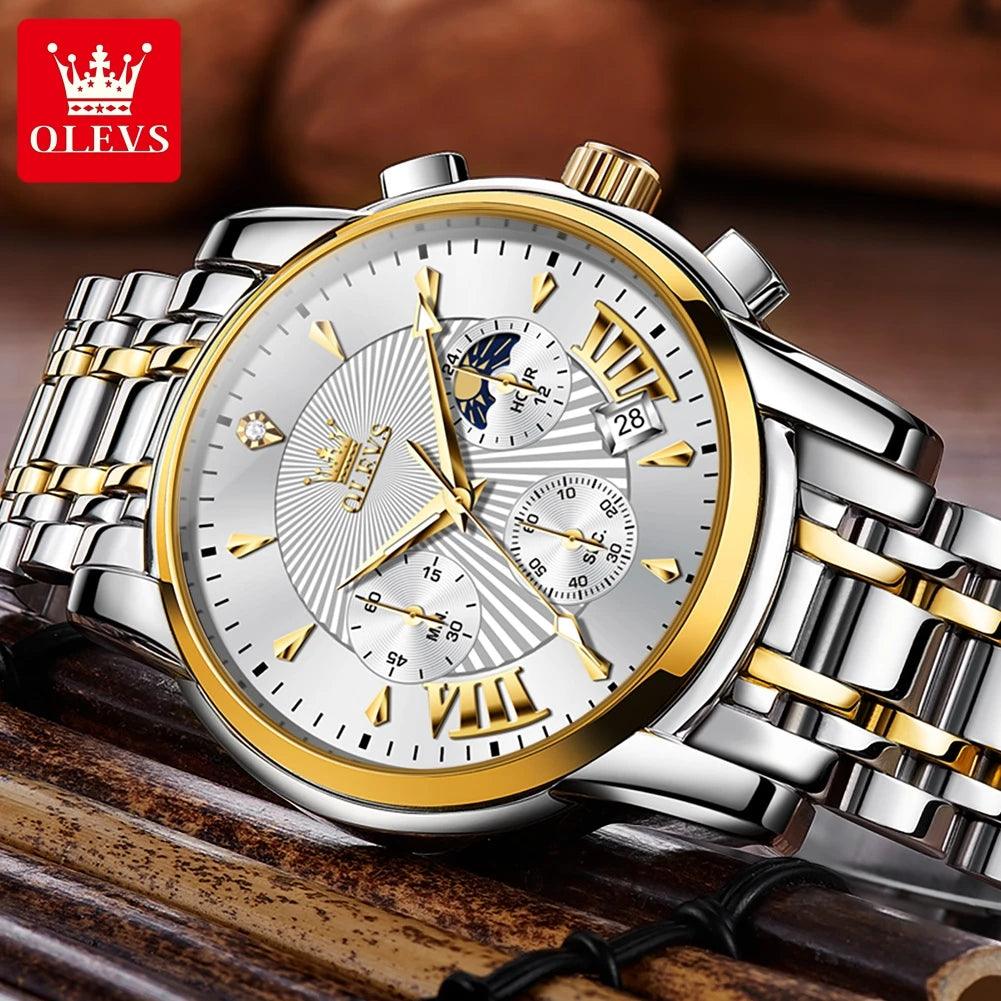 OLEVS Luxury Brand Quartz Watch for Men Waterpoof Chronograph Men's Wristwatch Auto Date Dual Calendar Moon Phase Man Watch New Carauana Store