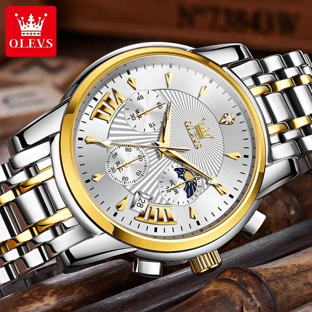 OLEVS Luxury Brand Quartz Watch for Men Waterpoof Chronograph Men's Wristwatch Auto Date Dual Calendar Moon Phase Man Watch New Carauana Store