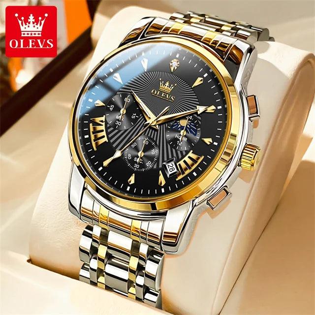 OLEVS Luxury Brand Quartz Watch for Men Waterpoof Chronograph Men's Wristwatch Auto Date Dual Calendar Moon Phase Man Watch New Carauana Store