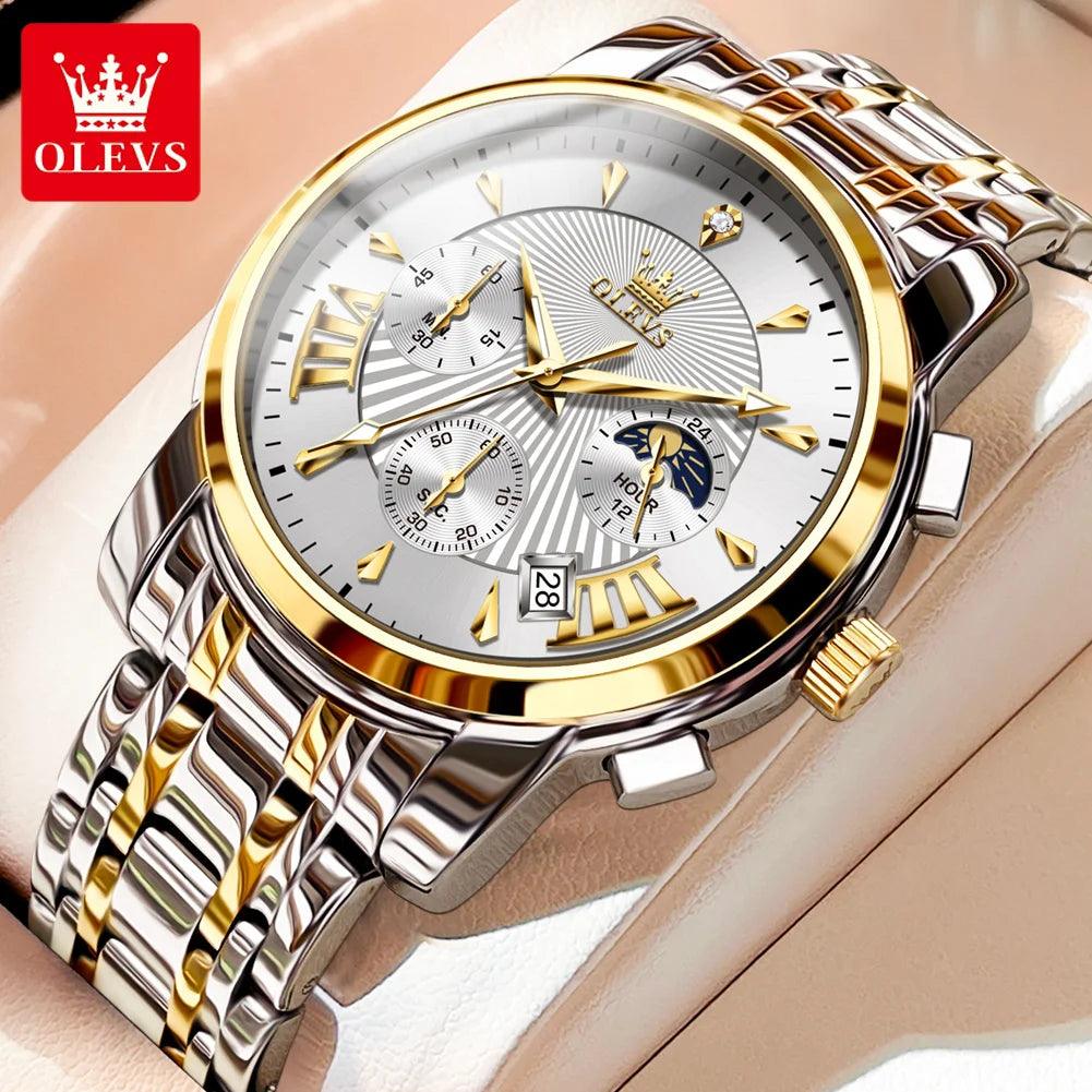 OLEVS Luxury Brand Quartz Watch for Men Waterpoof Chronograph Men's Wristwatch Auto Date Dual Calendar Moon Phase Man Watch New Carauana Store