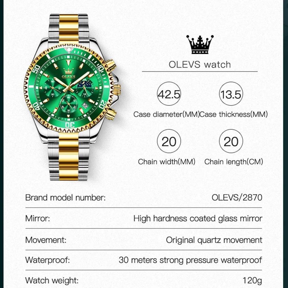 OLEVS Men Watch Stainless Steel Waterproof Luiminous Business Fashion Luxury Men's Watch Date Moon Phase Quartz Watches For Men Carauana Store