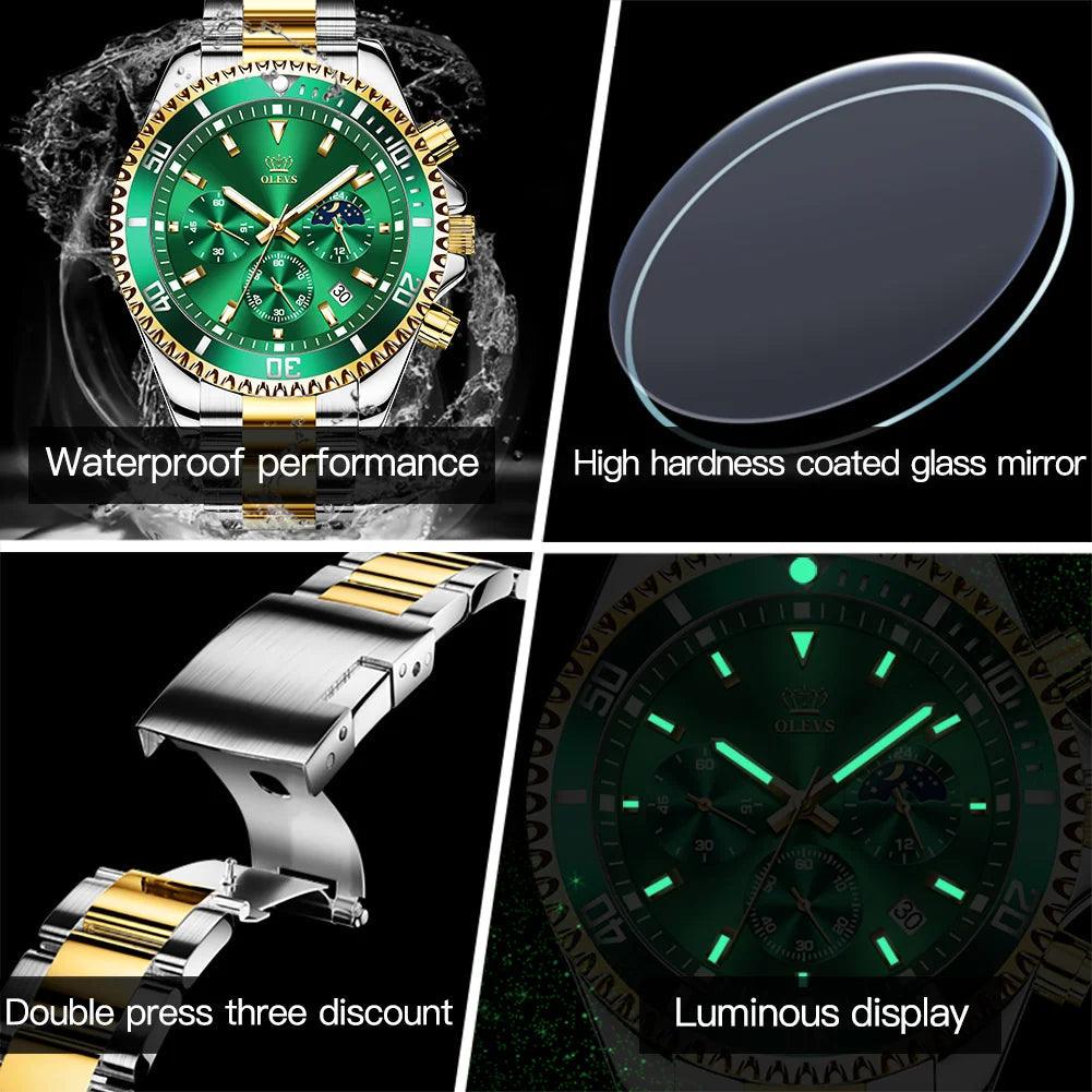 OLEVS Men Watch Stainless Steel Waterproof Luiminous Business Fashion Luxury Men's Watch Date Moon Phase Quartz Watches For Men Carauana Store