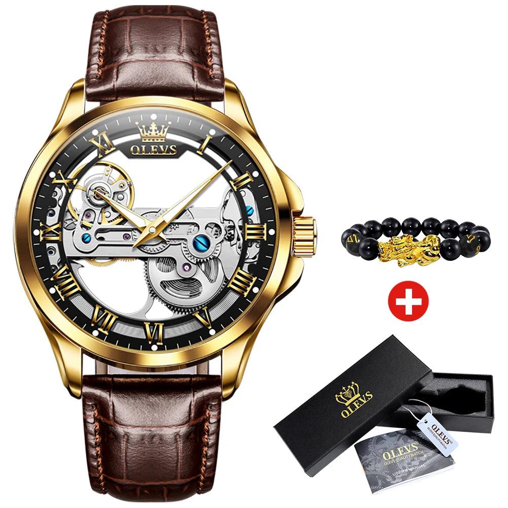 OLEVS Men's Automatic Mechanical Waterproof Luxury Wristwatch with Luminous Leather Strap - Gift Box Included Carauana Store