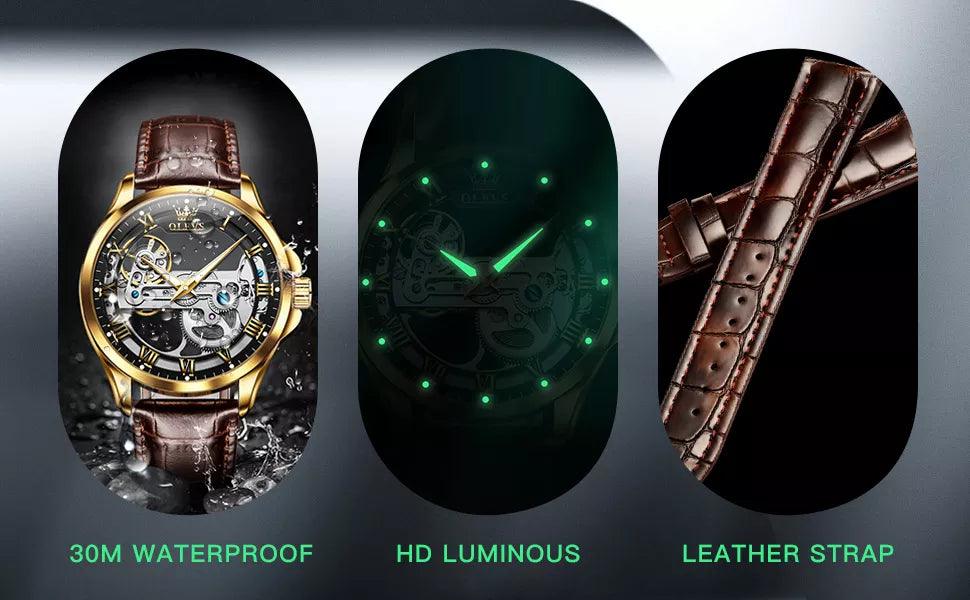 OLEVS Men's Automatic Mechanical Waterproof Luxury Wristwatch with Luminous Leather Strap - Gift Box Included Carauana Store