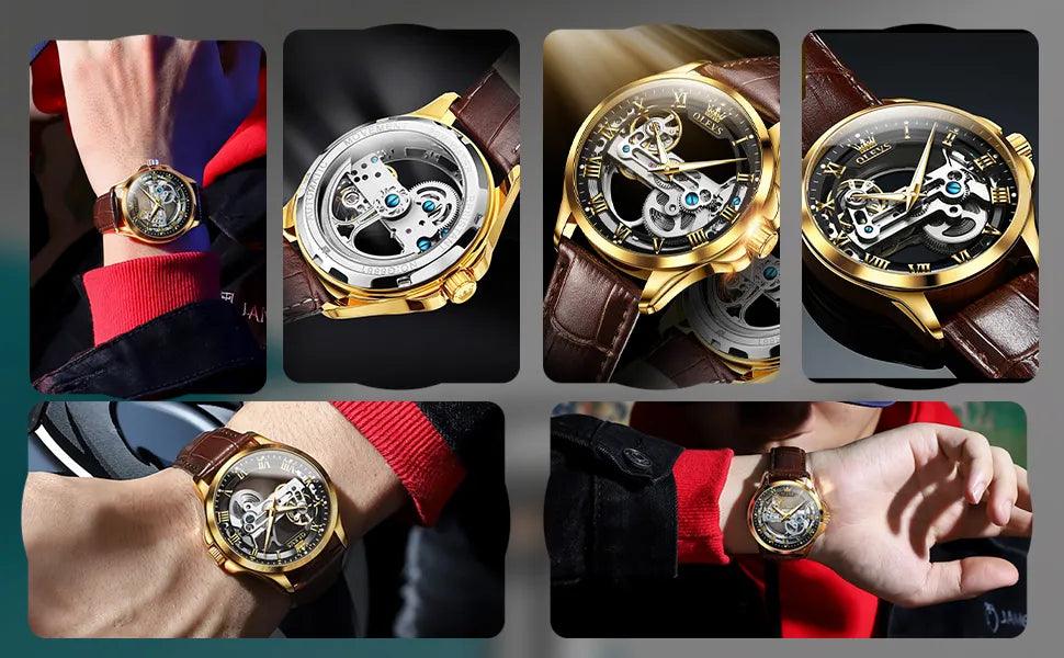 OLEVS Men's Automatic Mechanical Waterproof Luxury Wristwatch with Luminous Leather Strap - Gift Box Included Carauana Store