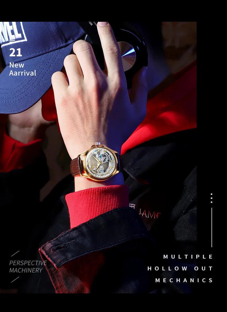 OLEVS Men's Automatic Mechanical Waterproof Luxury Wristwatch with Luminous Leather Strap - Gift Box Included Carauana Store