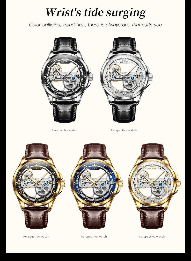 OLEVS Men's Automatic Mechanical Waterproof Luxury Wristwatch with Luminous Leather Strap - Gift Box Included Carauana Store