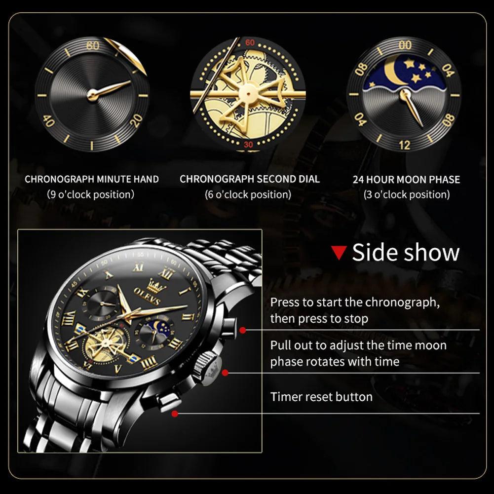 OLEVS Men’s Watch Analog Quartz Movement Business Stainless Steel Waterproof Luminous Chronograph Day Date Male Wrist Watches Carauana Store