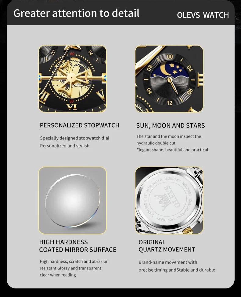 OLEVS Men’s Watch Analog Quartz Movement Business Stainless Steel Waterproof Luminous Chronograph Day Date Male Wrist Watches Carauana Store