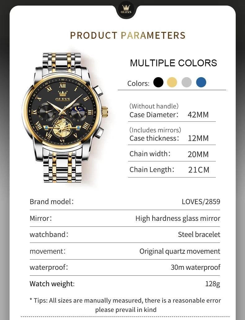 OLEVS Men’s Watch Analog Quartz Movement Business Stainless Steel Waterproof Luminous Chronograph Day Date Male Wrist Watches Carauana Store