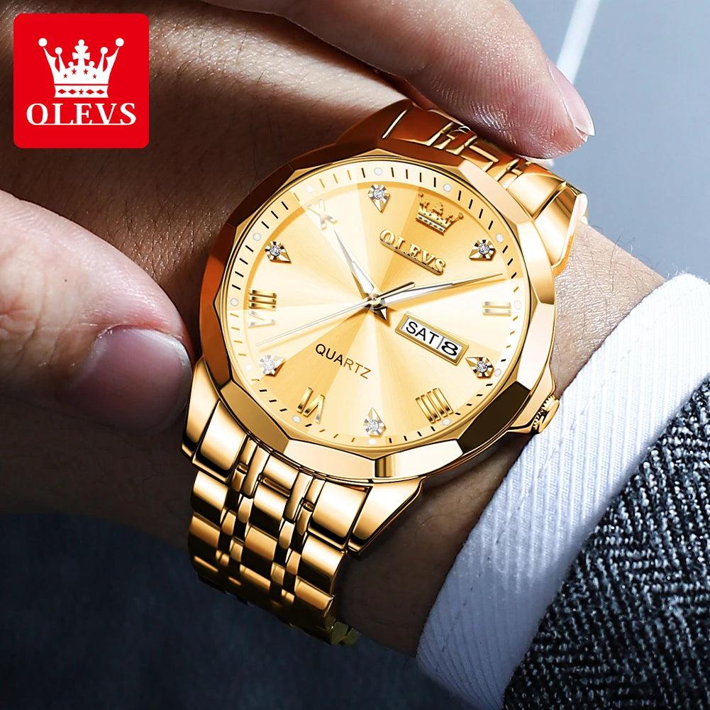 OLEVS Men‘s Watches Gold Original Quartz Wristwatch Waterproof Luminous Watch for Male Rhombus Mirror Date Week Luxury Dress Carauana Store