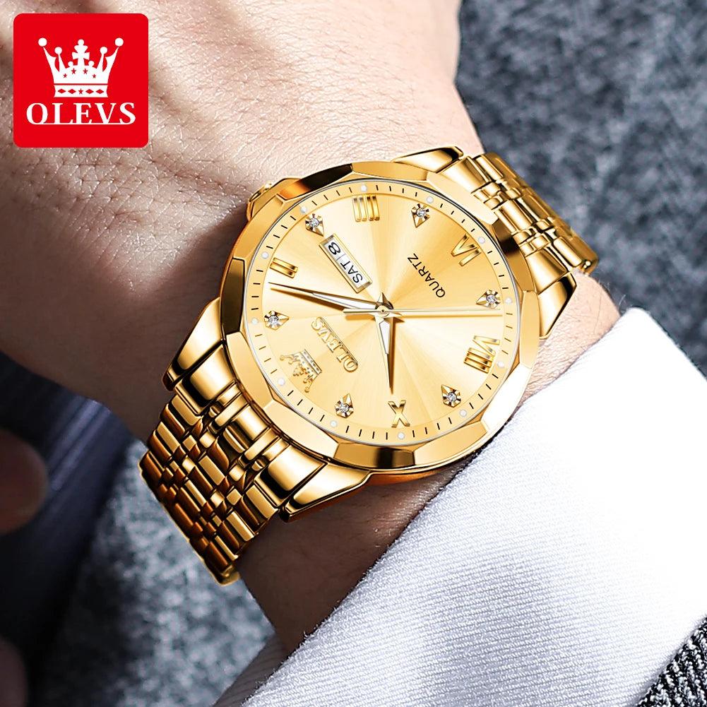 OLEVS Men‘s Watches Gold Original Quartz Wristwatch Waterproof Luminous Watch for Male Rhombus Mirror Date Week Luxury Dress Carauana Store