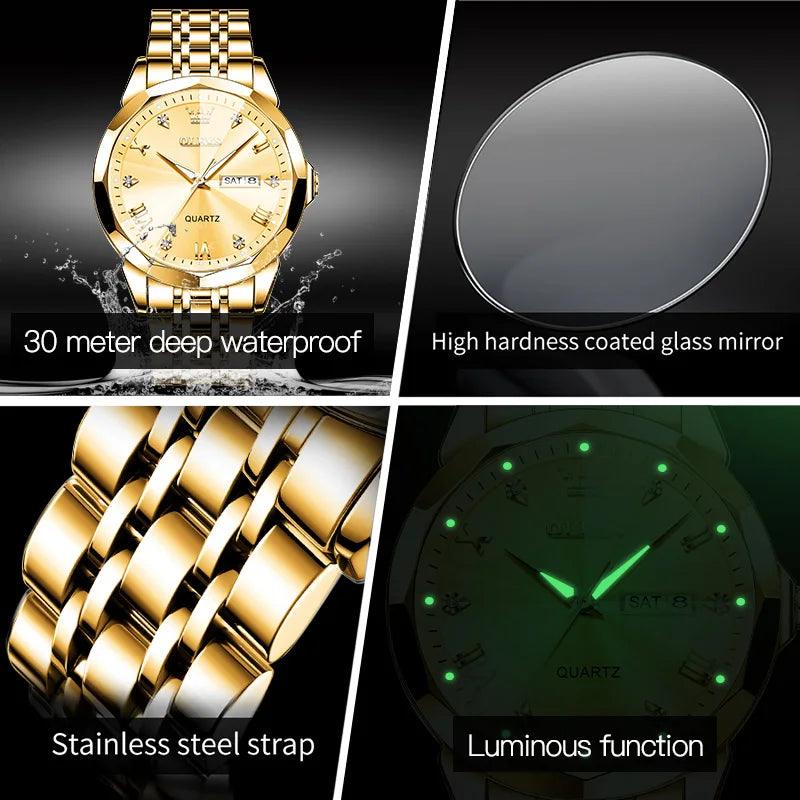 OLEVS Men‘s Watches Gold Original Quartz Wristwatch Waterproof Luminous Watch for Male Rhombus Mirror Date Week Luxury Dress Carauana Store