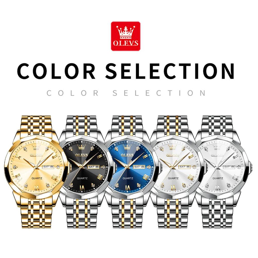 OLEVS Men‘s Watches Gold Original Quartz Wristwatch Waterproof Luminous Watch for Male Rhombus Mirror Date Week Luxury Dress Carauana Store