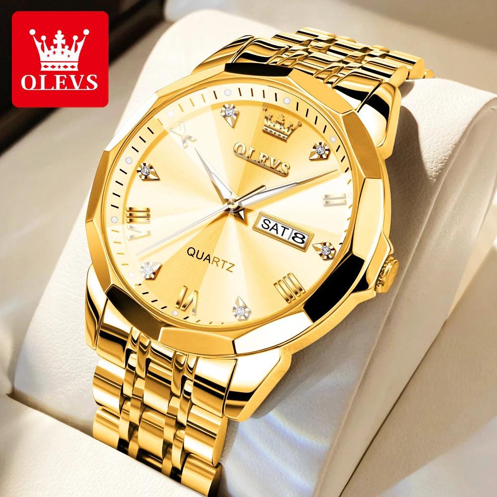 OLEVS Men‘s Watches Gold Original Quartz Wristwatch Waterproof Luminous Watch for Male Rhombus Mirror Date Week Luxury Dress Carauana Store