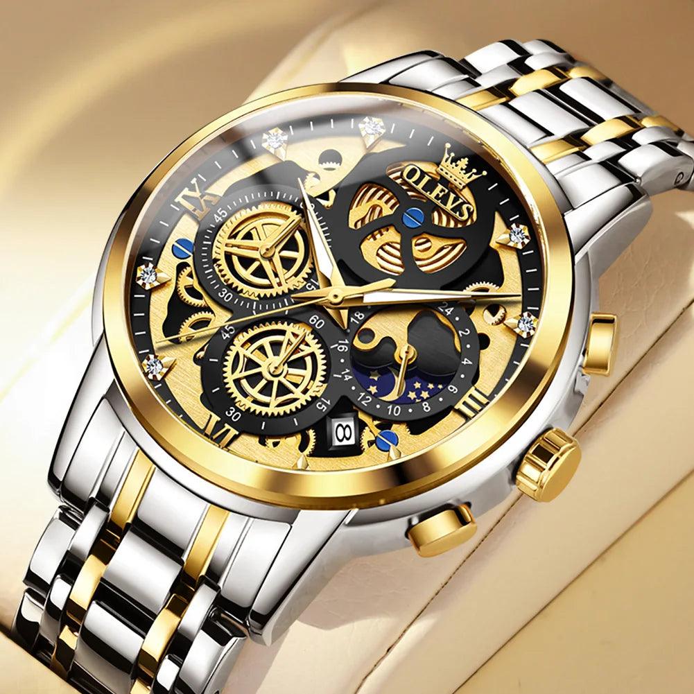 OLEVS Men's Watches Top Brand Luxury Original Waterproof Quartz Watch for Man Gold Skeleton Style 24 Hour Day Night New Carauana Store