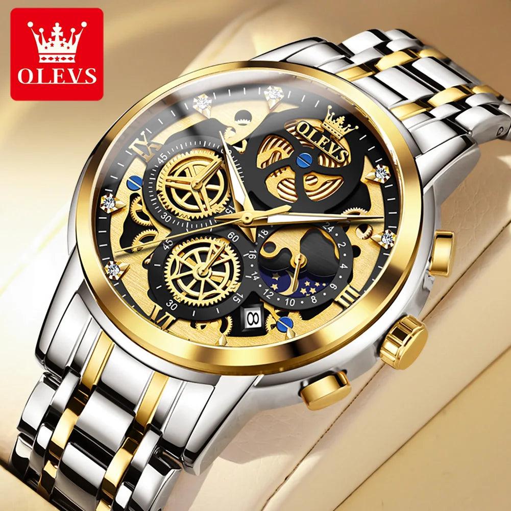 OLEVS Men's Watches Top Brand Luxury Original Waterproof Quartz Watch for Man Gold Skeleton Style 24 Hour Day Night New Carauana Store