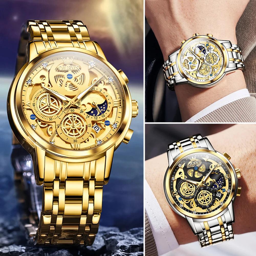 OLEVS Men's Watches Top Brand Luxury Original Waterproof Quartz Watch for Man Gold Skeleton Style 24 Hour Day Night New Carauana Store