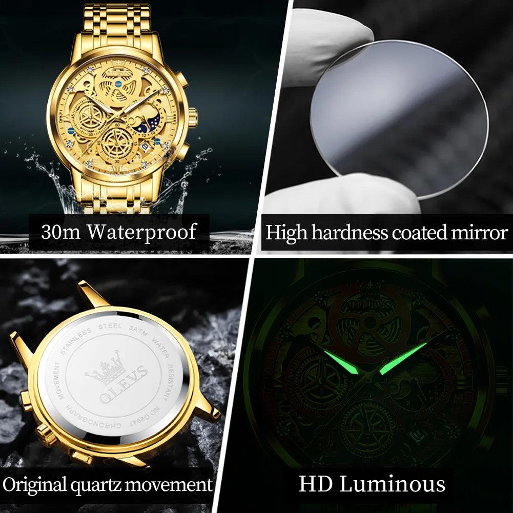 OLEVS Men's Watches Top Brand Luxury Original Waterproof Quartz Watch for Man Gold Skeleton Style 24 Hour Day Night New Carauana Store
