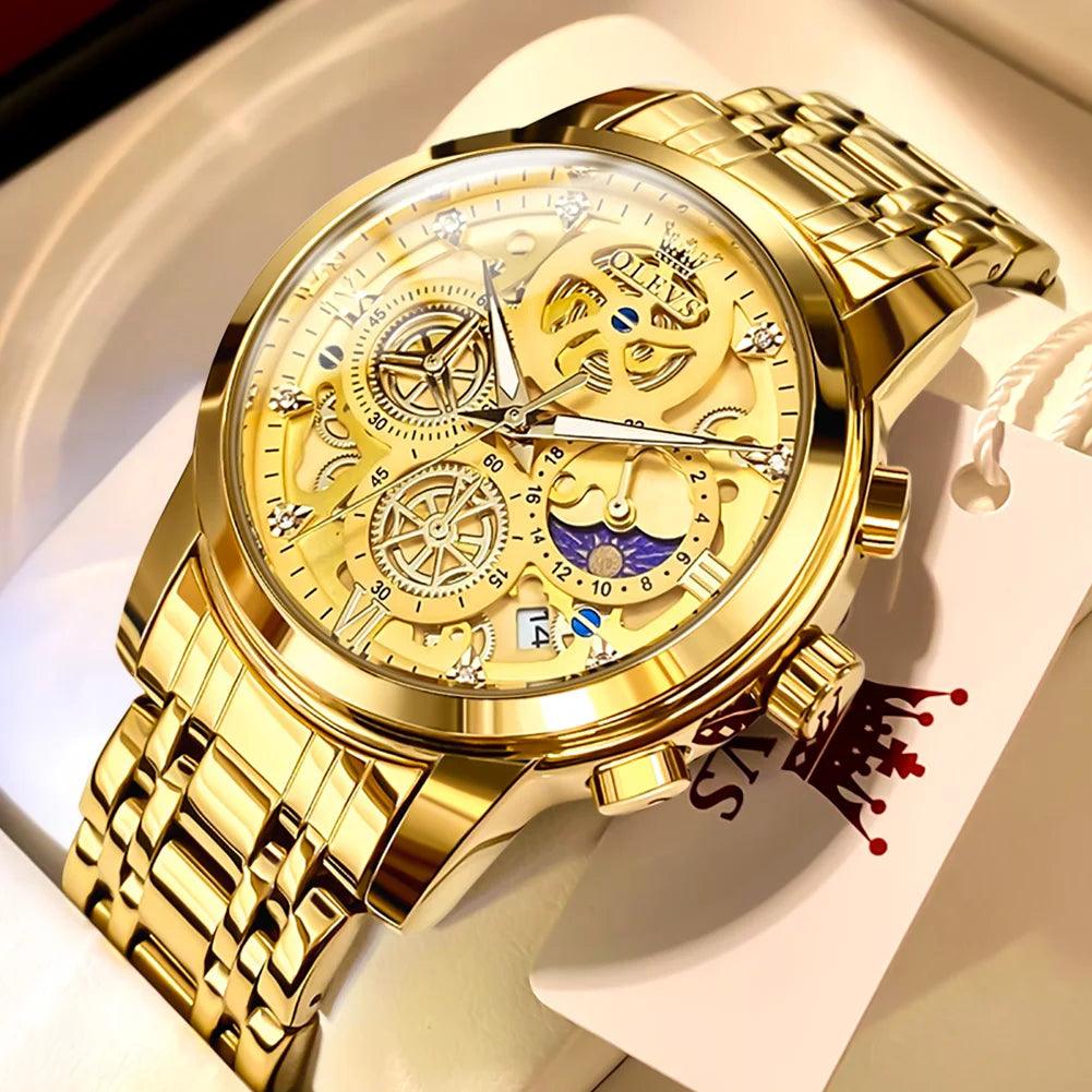 OLEVS Men's Watches Top Brand Luxury Original Waterproof Quartz Watch for Man Gold Skeleton Style 24 Hour Day Night New Carauana Store