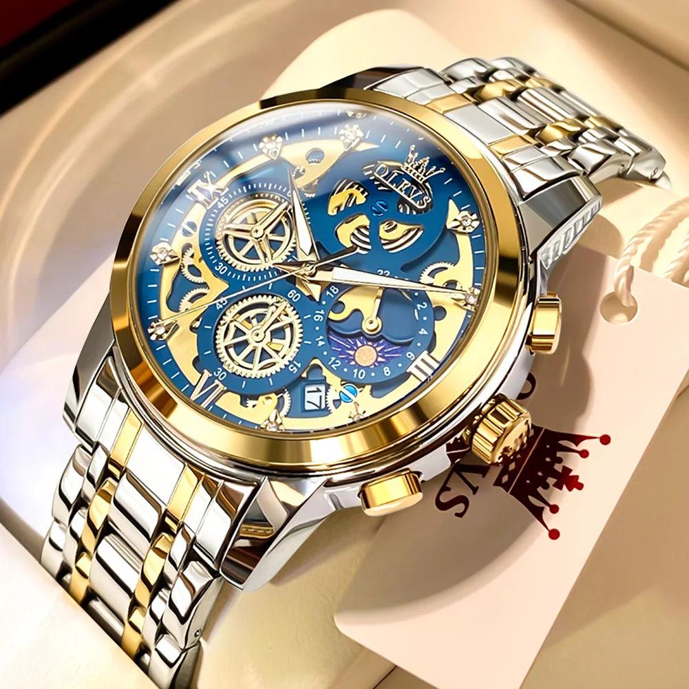 OLEVS Men's Watches Top Brand Luxury Original Waterproof Quartz Watch for Man Gold Skeleton Style 24 Hour Day Night New Carauana Store