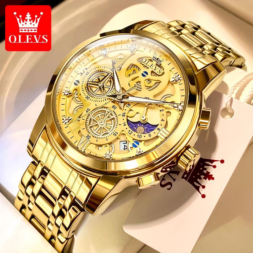 OLEVS Men's Watches Top Brand Luxury Original Waterproof Quartz Watch for Man Gold Skeleton Style 24 Hour Day Night New Carauana Store