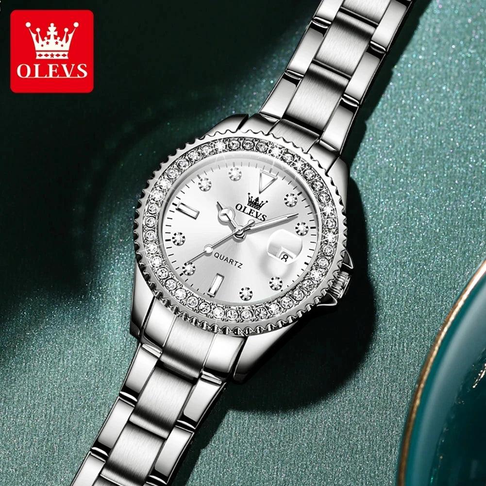 OLEVS Original Diamond Dial Quartz Watch for Women Fashion Elegant Ladies Watches Stainless Steel Waterproof Women's Wristwatch Carauana Store
