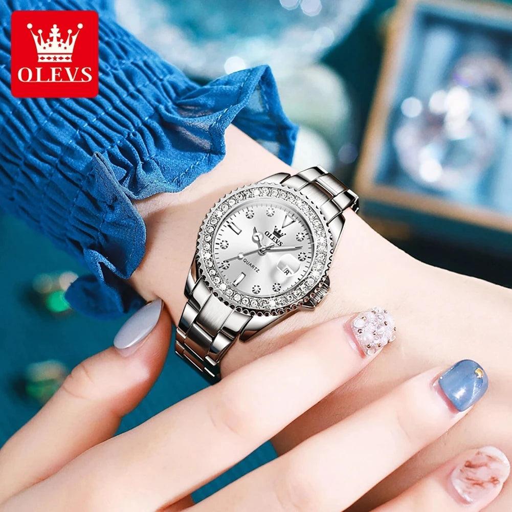 OLEVS Original Diamond Dial Quartz Watch for Women Fashion Elegant Ladies Watches Stainless Steel Waterproof Women's Wristwatch Carauana Store