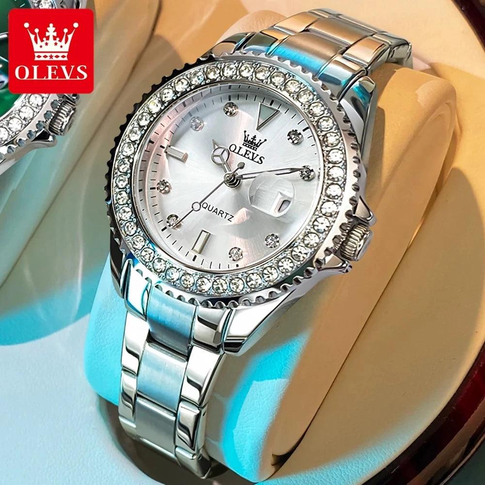 OLEVS Original Diamond Dial Quartz Watch for Women Fashion Elegant Ladies Watches Stainless Steel Waterproof Women's Wristwatch Carauana Store