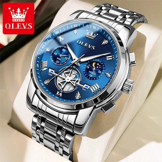 OLEVS Stainless Steel Men's Watches Chronograph Moon Phase Waterproof Luminous Quartz Wrist Watch for Men Luxury Brand Man Watch Carauana Store