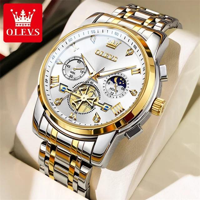 OLEVS Stainless Steel Men's Watches Chronograph Moon Phase Waterproof Luminous Quartz Wrist Watch for Men Luxury Brand Man Watch Carauana Store