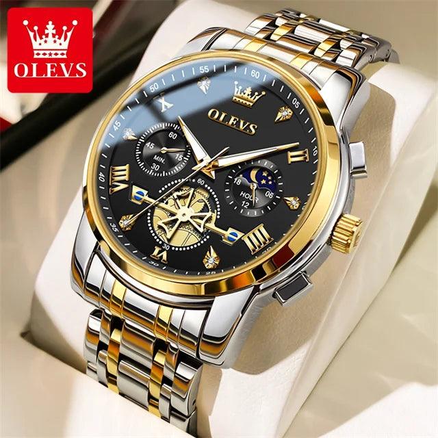 OLEVS Stainless Steel Men's Watches Chronograph Moon Phase Waterproof Luminous Quartz Wrist Watch for Men Luxury Brand Man Watch Carauana Store