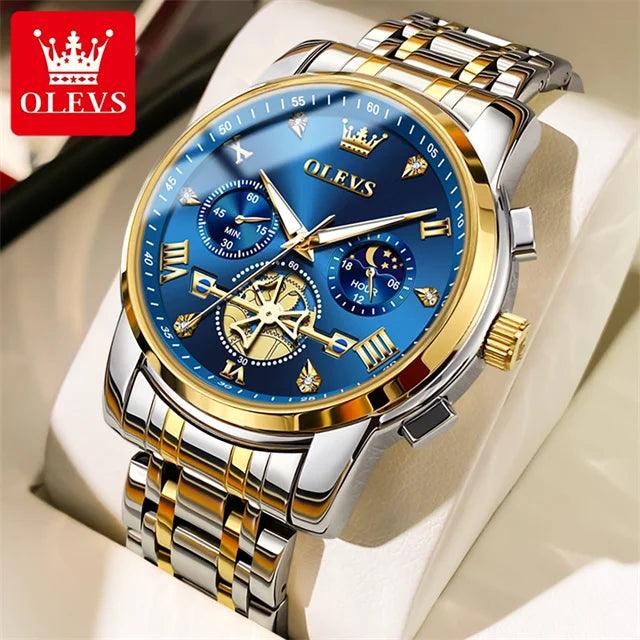 OLEVS Stainless Steel Men's Watches Chronograph Moon Phase Waterproof Luminous Quartz Wrist Watch for Men Luxury Brand Man Watch Carauana Store