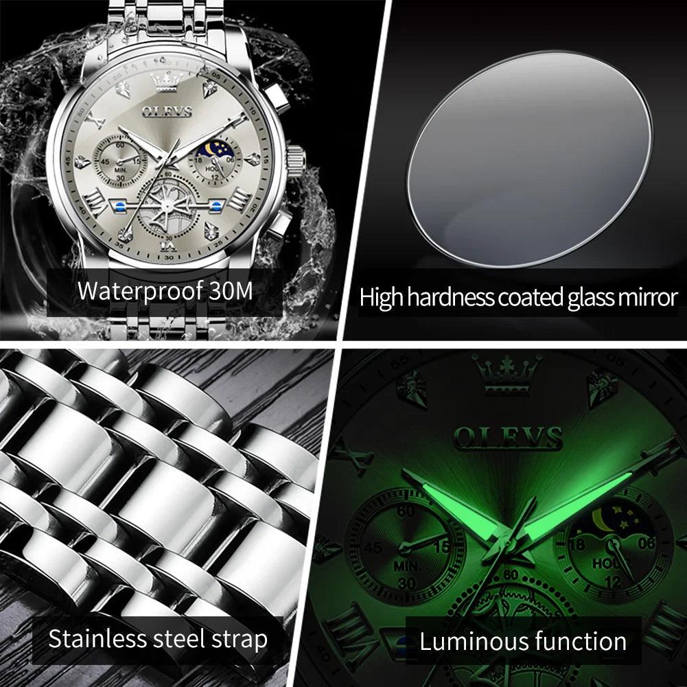 OLEVS Stainless Steel Men's Watches Chronograph Moon Phase Waterproof Luminous Quartz Wrist Watch for Men Luxury Brand Man Watch Carauana Store
