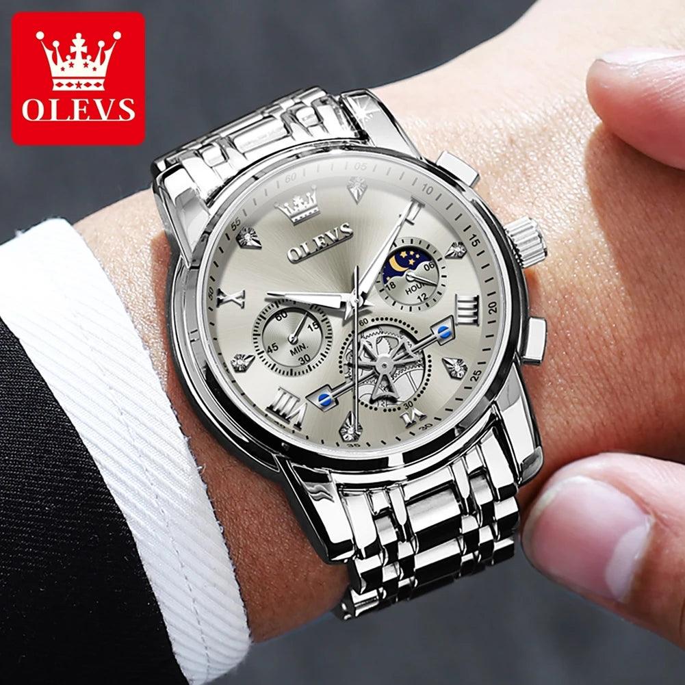 OLEVS Stainless Steel Men's Watches Chronograph Moon Phase Waterproof Luminous Quartz Wrist Watch for Men Luxury Brand Man Watch Carauana Store