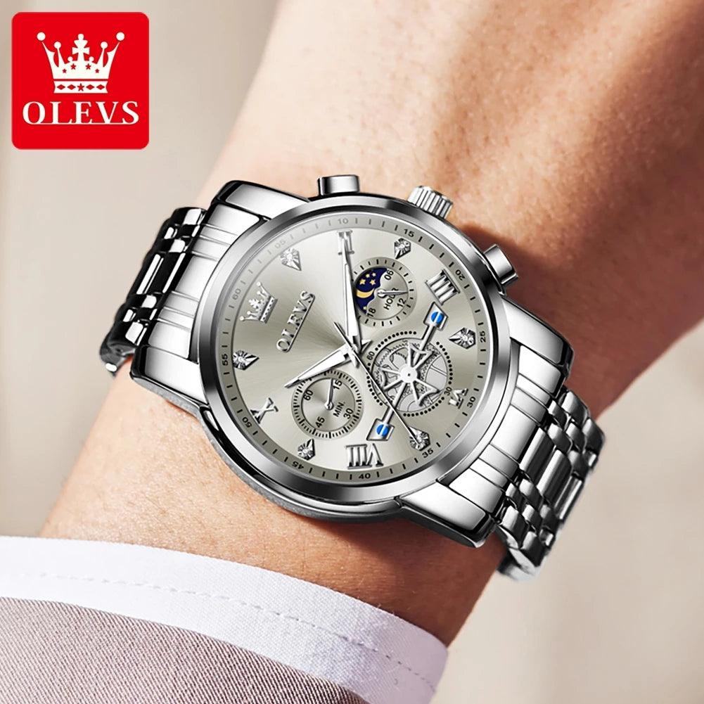 OLEVS Stainless Steel Men's Watches Chronograph Moon Phase Waterproof Luminous Quartz Wrist Watch for Men Luxury Brand Man Watch Carauana Store