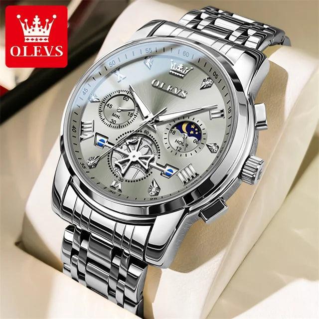 OLEVS Stainless Steel Men's Watches Chronograph Moon Phase Waterproof Luminous Quartz Wrist Watch for Men Luxury Brand Man Watch Carauana Store