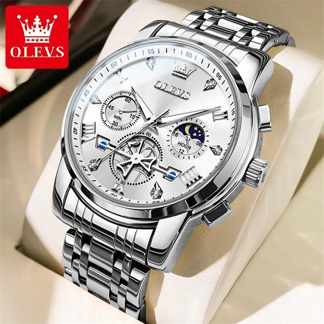 OLEVS Stainless Steel Men's Watches Chronograph Moon Phase Waterproof Luminous Quartz Wrist Watch for Men Luxury Brand Man Watch Carauana Store